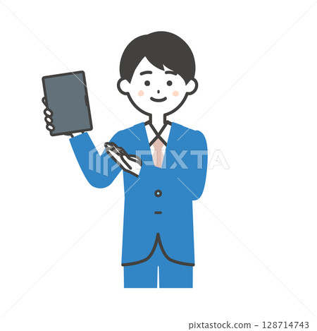 一名身穿西裝、手持平板電腦的男子的插圖 128714743