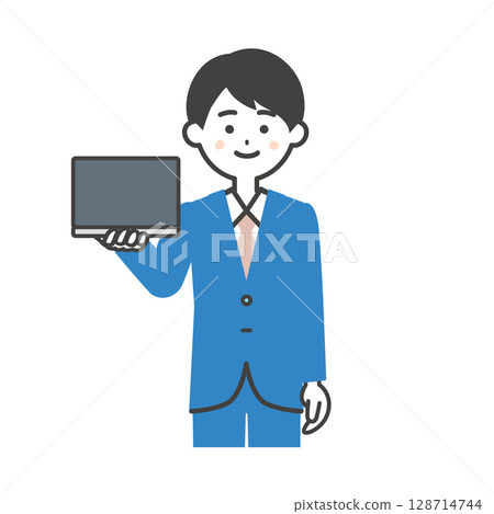 Illustration of a man in a suit holding a laptop Illustration of a man in a suit holding a laptop 128714744