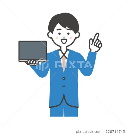 Illustration of a man in a suit holding a laptop Illustration of a man in a suit holding a laptop 128714745