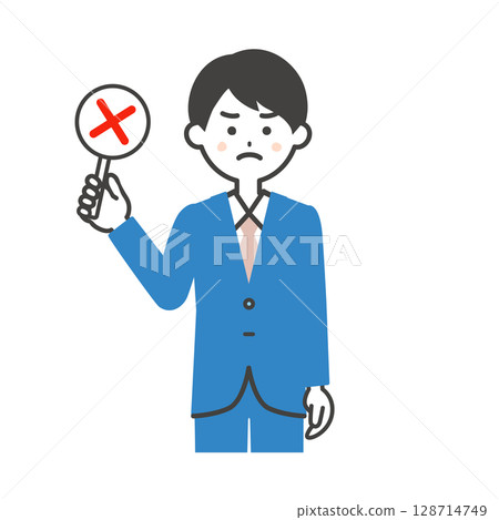 Illustration of a man in a suit holding a wrong note Illustration of a man in a suit holding a wrong note 128714749