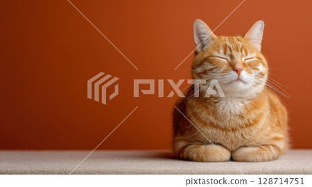 Content Ginger Cat Relaxing Against Vibrant Orange Wall 128714751