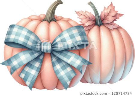 Two plump peach colored pumpkins decorated with a gingham ribbon bow 128714784