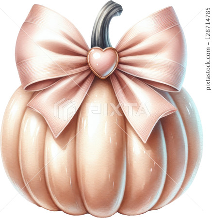 A stylized pumpkin ornament adorned with a delicate pink ribbon bow 128714785