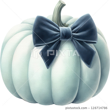 A stylish and chic white pumpkin with a navy blue bow exuding a sophisticated and elegant fall aesthetic 128714786