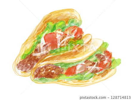 手繪水彩畫,描繪了新鮮製作的蔬菜和肉類玉米卷 手繪水彩畫,描繪了新鮮製作的蔬菜和肉類玉米卷 128714813