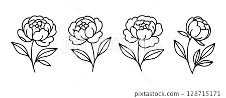 Peony black and white icons set clean line art, doodle style. 128715171