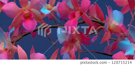 Abstract Seamless Pattern Featuring Stylized Colorful Orchid Flowers 128715214