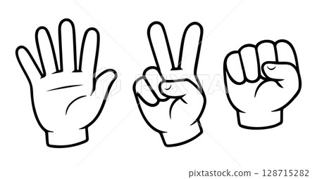 Rock paper scissors hand sign set black and white icon clean line art, doodle style 128715282