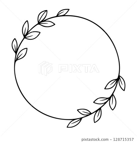 Round frame with leaves black and white icon clean line art, doodle style 128715357