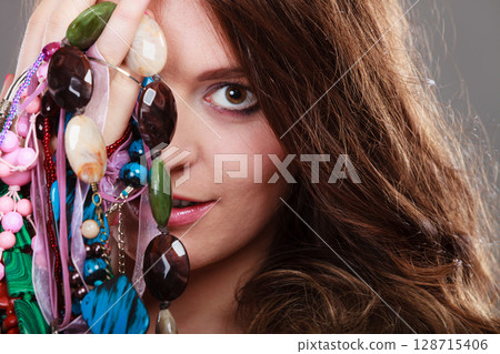 Pretty woman with jewelry necklaces ring bracelets Pretty woman with jewelry necklaces ring bracelets 128715406