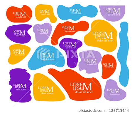 Liquid deformed elements. Set of irregular geometric multi-colored elements. hand drawn. Not AI, Vector illustration 128715444