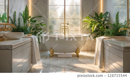 Luxurious bathroom with a freestanding tub, gold fixtures, marble, and lush green plants, creating a serene and elegant spa-like retreat Luxurious bathroom with a freestanding tub, gold fixtures, marble, and lush green plants, creating a serene and elegant spa-like retreat 128715544