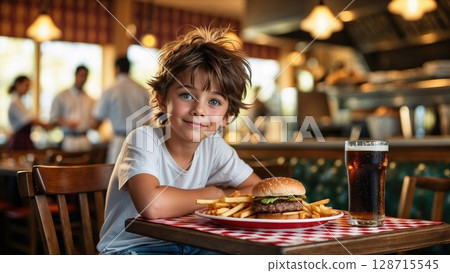 Adorable young boy with bright blue eyes smiles at the camera, enjoying a burger and fries in a lively restaurant setting Adorable young boy with bright blue eyes smiles at the camera, enjoying a burger and fries in a lively restaurant setting 128715545