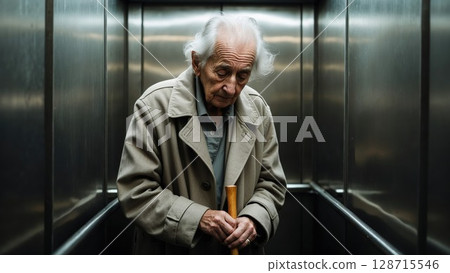A senior person stands in an elevator, holding a walking stick, with a thoughtful or somber expression 128715546