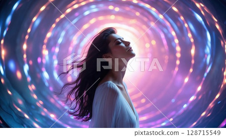 A woman is captured in profile, with her head tilted back and eyes closed, surrounded by a vibrant, swirling tunnel of colorful lights, conveying a sense of meditation, escape, or spiritual journey A woman is captured in profile, with her head tilted back and eyes closed, surrounded by a vibrant, swirling tunnel of colorful lights, conveying a sense of meditation, escape, or spiritual journey 128715549