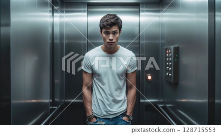 Young man in a white t-shirt stands confidently in a modern, metallic elevator, exuding urban style and an edgy, direct gaze, ready for his journey Young man in a white t-shirt stands confidently in a modern, metallic elevator, exuding urban style and an edgy, direct gaze, ready for his journey 128715553