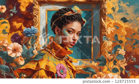 Captivating woman in vibrant, artistic attire against a lush, painterly backdrop of blooming flowers and a golden frame, embodying creative expression and bold beauty Captivating woman in vibrant, artistic attire against a lush, painterly backdrop of blooming flowers and a golden frame, embodying creative expression and bold beauty 128715555