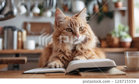 Curious ginger cat with striking amber eyes poses gracefully on a kitchen counter, pawing at an open book, showcasing feline charm and domestic curiosity Curious ginger cat with striking amber eyes poses gracefully on a kitchen counter, pawing at an open book, showcasing feline charm and domestic curiosity 128715559
