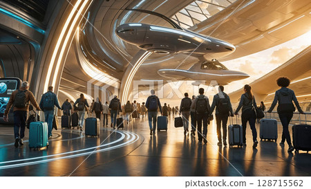 Modern futuristic airport terminal with travelers and luggage, featuring sleek aircraft and architectural design, perfect for themes of future travel and technology 128715562