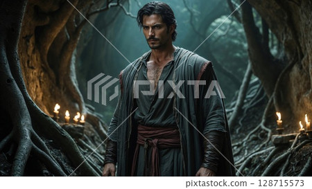 Intense man with a beard and dark, flowing robes stands dramatically among ancient tree roots and glowing candles in a mystical forest Intense man with a beard and dark, flowing robes stands dramatically among ancient tree roots and glowing candles in a mystical forest 128715573
