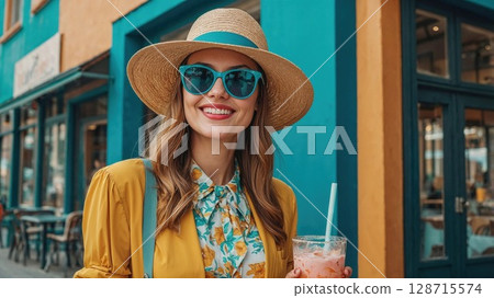 Smiling woman in a straw hat and sunglasses sips a colorful drink in front of a vibrant blue and orange building 128715574