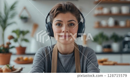 Smiling woman wearing headphones looks directly at the camera in a modern kitchen setting. Ideal for themes of remote work, online communication, and casual listening Smiling woman wearing headphones looks directly at the camera in a modern kitchen setting. Ideal for themes of remote work, online communication, and casual listening 128715579