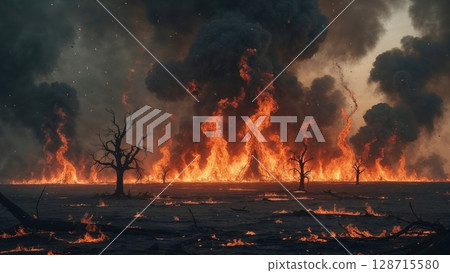 Devastating wildfire rages across a dark landscape, with towering flames and thick smoke consuming trees. Captures environmental crisis, destruction, and climate impact 128715580