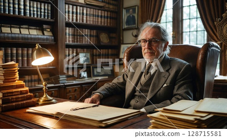 Distinguished older man with glasses seated in a classic study, surrounded by bookshelves. Evokes wisdom, knowledge, academia, legal themes, and historical research 128715581
