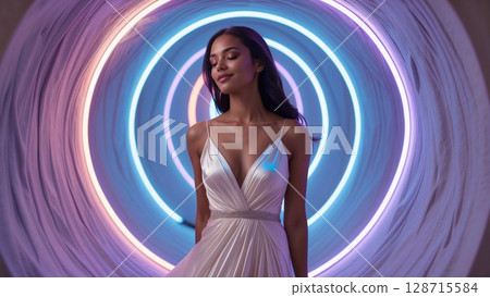 Mesmerizing portrait of a woman with her head tilted upwards, surrounded by glowing, ethereal pink and blue fabric against a dark sky. Represents dreams, fantasy, freedom, and artistic expression Mesmerizing portrait of a woman with her head tilted upwards, surrounded by glowing, ethereal pink and blue fabric against a dark sky. Represents dreams, fantasy, freedom, and artistic expression 128715584