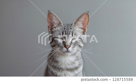 A serene tabby cat with closed eyes and prominent whiskers, looking calm and relaxed against a plain grey background. Perfect for pet wellness, tranquility, and animal portraits 128715589
