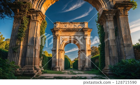 Grandiose ancient stone arches, partially covered in ivy, frame a path leading into a lush garden under a dramatic sky. Evokes history, grandeur, mystery, and forgotten places 128715590