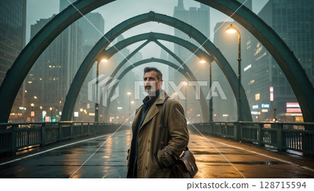 A pensive man in a trench coat stands on a wet city bridge at night, with illuminated streetlights and towering buildings in the misty background. Evokes urban solitude, mystery, and contemplation 128715594