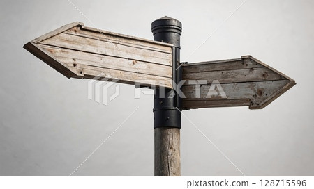 A rustic wooden signpost with two blank arrows pointing in opposite directions, symbolizing choice, decision, direction, and unknown paths 128715596