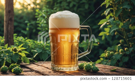 Refreshing glass of foamy golden beer sits on a rustic wooden table amidst lush green hops and foliage, perfect for conveying outdoor relaxation and natural brewing 128715601