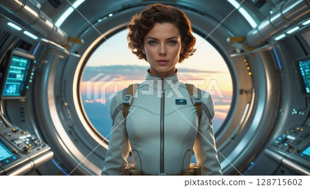 Determined female astronaut in a sleek suit stands in a futuristic spaceship, gazing ahead through a circular portal, symbolizing innovation, exploration, and space travel 128715602