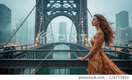 Elegant woman with flowing hair stands on a grand city bridge, gazing pensively over the water, capturing urban melancholy, thoughtful moments, and architectural beauty 128715603