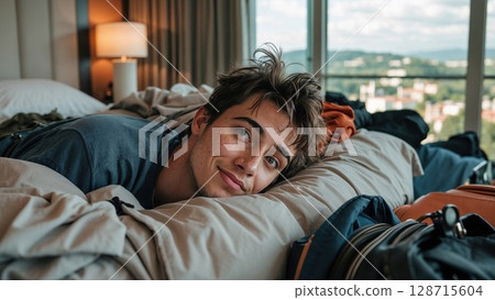 Smiling young man with tousled hair lies casually on a messy bed amidst clothes and luggage, embodying relaxed travel and a carefree, youthful vibe 128715604
