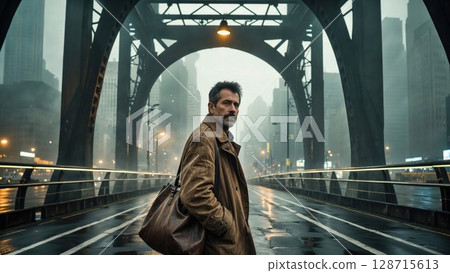 A rugged man with a beard and a trench coat stands on a bridge with city lights glowing in the misty, urban backdrop 128715613
