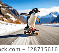 Skateboarding Penguin in Snowy Mountains 128715616