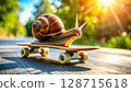Snail riding a skateboard 128715618