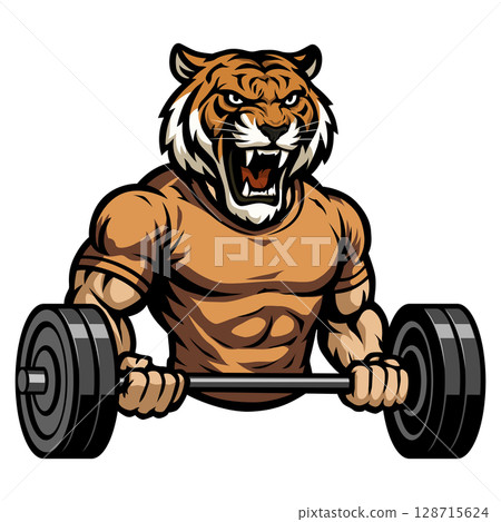 Muscular Tiger Mascot Lifting Barbell. Fierce Fitness Vector Muscular Tiger Mascot Lifting Barbell. Fierce Fitness Vector 128715624