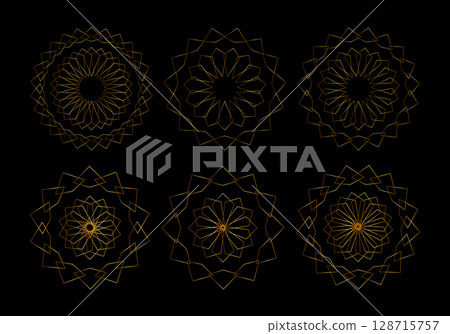 Set Geometric Flower Mandala in arabic style. Sacred Geometry. Gold Logo business Concept for luxury products, hotels, boutiques, jewelry, oriental cosmetics, restaurants, shops, stores. isolated 128715757