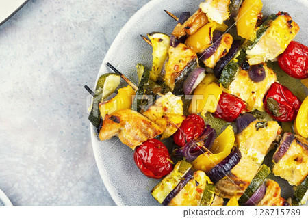BBQ Salmon and Vegetable Kabobs. BBQ Salmon and Vegetable Kabobs. 128715789