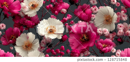 Vibrant Abstract Floral Design with Pink and White Flower Pattern 128715848