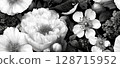 Seamless Pen-Drawn Floral Pattern with Bird in Black and White 128715952