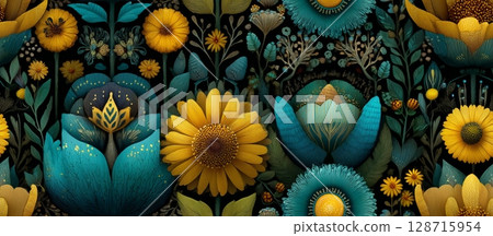 Vibrant Floral Pattern with Symmetrical Design and Rich Colors 128715954