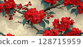 Elegant Japanese Floral Vector Ornament with Red Blossoms and Leaves 128715959