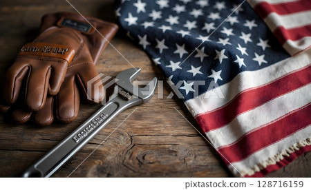 American Flag, Wrench, and Leather Gloves on Wooden Table with Rustic Background 128716159