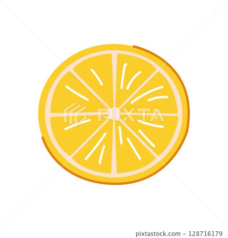 Yellow lemon slice in flat style on white background. Ideal for food packaging, citrus design, healthy drink summer recipe and fresh organic fruit illustration. 128716179
