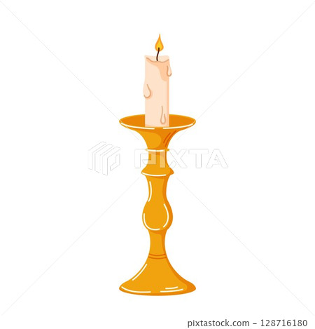 Vintage candlestick with lit candle in cartoon style isolated on a white background. Vintage candlestick with lit candle in cartoon style isolated on a white background. 128716180